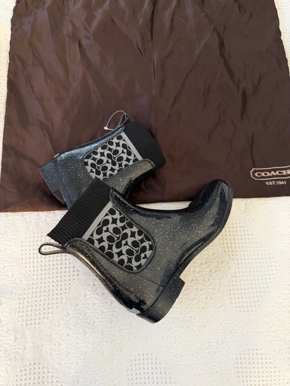 Coach Black Speckled Logo Chelsea Rain Boots